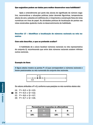 Que sugestões podem ser dadas para melhor desenvolver essa habilidade?

                       	      Após	o	entendimento	por	parte	dos	alunos	do	significado	de	número	nega-
                       tivo,	 recorrendo-se	 a	 situações	 práticas	 (estar	 devendo	 figurinhas,	 temperaturas	
                       abaixo de zero, subsolos em edifícios etc), é importante a construção física de retas
                       numéricas em tiras de papel. As atividades práticas de localização de pontos nas
                       retas construídas ajudarão muito no desenvolvimento da habilidade.




                       Descritor 17 – Identificar a localização de números racionais na reta nu-
                       mérica

                       com este descritor, o que se pretende avaliar?

                            A habilidade de o aluno localizar números racionais na reta representativa
                       do	conjunto	Q,	reconhecendo	que	entre	dois	números	racionais	existem	infinitos	
                       outros racionais.




                       Exemplo de item:

                       A	figura	abaixo	mostra	os	pontos	P	e	Q	que	correspondem	a	números	racionais	e	
                       foram posicionados na reta numerada do conjunto dos racionais.
Unidade 5 Matemática




                       Os	valores	atribuídos	a	P	e	Q,	conforme	suas	posições	na	reta	numérica	abaixo	são:

                       (A)   P = -0,2   e   Q = -0,3.
                       (B)   P = -0,3   e   Q = -0,2.
                       (C)   P = -0,6   e   Q = -0,7.
                       (D)   P = -0,7   e   Q = -0,6.



                                                  Percentual de respostas às alternativas
                                              A               B            c              D

                                              14%            61%          14%             7%



   174
 
