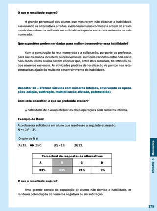 O que o resultado sugere?

     O grande percentual dos alunos que mostraram não dominar a habilidade,
assinalando as alternativas erradas, evidenciaram não conhecer a ordem de cresci-
mento dos números racionais ou a divisão adequada entre dois racionais na reta
numerada.

Que sugestões podem ser dadas para melhor desenvolver essa habilidade?

      Com a construção da reta numerada e a solicitação, por parte do professor,
para que os alunos localizem, sucessivamente, números racionais entre dois racio-
nais	dados,	estes	alunos	devem	concluir	que,	entre	dois	racionais,	há	infinitos	ou-
tros números racionais. As atividades práticas de localização de pontos nas retas
construídas ajudarão muito no desenvolvimento da habilidade.




Descritor 18 – Efetuar cálculos com números inteiros, envolvendo as opera-
ções (adição, subtração, multiplicação, divisão, potenciação)

com este descritor, o que se pretende avaliar?

     A habilidade de o aluno efetuar as cinco operações com números inteiros.

Exemplo de item:

A	professora	solicitou	a	um	aluno	que	resolvesse	a	seguinte	expressão:
N = (-3)2 – 32.

O valor de N é



                                                                                       Unidade 5 Matemática
(A) 18.     (B) 0.           (C) –18.    (D) 12.


                     Percentual de respostas às alternativas
                 A               B            c             D

                 23%            43%         21%             9%


O que o resultado sugere?

     Uma grande parcela da população de alunos não domina a habilidade, er-
rando na potenciação de números negativos ou na subtração.


                                                                                      175
 