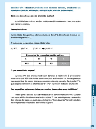 Descritor 20 – Resolver problema com números inteiros, envolvendo as
operações (adição, subtração, multiplicação, divisão, potenciação)

com este descritor, o que se pretende avaliar?

    A habilidade de o aluno resolver problemas utilizando-se das cinco operações
com números inteiros.

Exemplo de item:

Numa cidade da Argentina, a temperatura era de 12°C. Cinco horas depois, o ter-
mômetro	registrou	-7°C.	

A variação da temperatura nessa cidade foi de

(A) 5°C.    (B) 7°C.      (C) 12°C.     (D) 19°C.


                  Percentual de respostas às alternativas
                A               B               c           D

                45%             9%           8%            37%


O que o resultado sugere?

     Apenas 37% dos alunos mostraram dominar a habilidade. É preocupante
observar-se	que	45%	dos	alunos	apontaram	para	a	alternativa	“A”.	Isso	sugere	que	
esse percentual de alunos opera apenas com números naturais. Os demais 17%,
que	responderam	com	as	alternativas	“B”	e	“C”,	repetiram	dados	do	enunciado.	



                                                                                      Unidade 5 Matemática
Que sugestões podem ser dadas para melhor desenvolver essa habilidade?

      Trazer para a sala de aula atividades lúdicas com números inteiros. Explorar
com jogos a idéia da reta numerada do conjunto z, com a contagem de casas entre
dois	inteiros.	Os	jogos	nos	quais	os	participantes	“ficam	devendo”	também	ajudam	
na compreensão do conceito de número negativo.




                                                                                     177
 