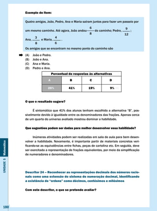 Exemplo de item:

                       Quatro	amigos,	João,	Pedro,	Ana	e	Maria	saíram	juntos	para	fazer	um	passeio	por	
                                                                  6                            9
                       um	mesmo	caminho.	Até	agora,	João	andou										do	caminho;	Pedro,											;	
                                                                  8                           12
                            3           4
                       Ana,    e Maria,      .
                            8           6
                       Os amigos que se encontram no mesmo ponto do caminho são

                       (A)	   João	e	Pedro.
                       (B)	   João	e	Ana.
                       (C)    Ana e Maria.
                       (D)    Pedro e Ana.
                                            Percentual de respostas às alternativas
                                        A               B              c              D

                                        26%            41%            19%             9% 36



                       O que o resultado sugere?

                       	    É	sintomático	que	41%	dos	alunos	tenham	escolhido	a	alternativa	“B”,	pos-
                       sivelmente devido à igualdade entre os denominadores das frações. Apenas cerca
                       de um quarto do universo avaliado mostrou dominar a habilidade.

                       Que sugestões podem ser dadas para melhor desenvolver essa habilidade?

                             Inúmeras atividades podem ser realizadas em sala de aula para bem desen-
                       volver a habilidade. Novamente, é importante partir de materiais concretos veri-
Unidade 5 Matemática




                       ficando-se	as	equivalências	entre	fichas,	peças	de	cartolina	etc.	Em	seguida,	deve	
                       ser	exercitada	a	representação	de	frações	equivalentes,	por	meio	da	simplificação	
                       de numeradores e denominadores.




                       Descritor 24 – Reconhecer as representações decimais dos números racio-
                       nais como uma extensão do sistema de numeração decimal, identificando
                       a existência de “ordens” como décimos, centésimos e milésimos

                       com este descritor, o que se pretende avaliar?




   180
 