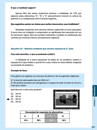 O que o resultado sugere?

     Apenas 24% dos alunos mostraram dominar a habilidade. Os 73% que
optaram	 pelas	 alternativas	 “A”,	 “B”	 e	 “C”	 provavelmente	 erraram	 no	 cálculo	 da	
potência	e	na	multiplicação	entre	números	negativos.	

Que sugestões podem ser dadas para melhor desenvolver essa habilidade?

     Atividades freqüentes com números inteiros, explorando as cinco operações.
O	aluno	deve	ser	instigado	a	compreender	os	significados	das	operações	em	vez	
de memorizar regras. Deve ser também enfatizado o cuidado na substituição das
variáveis por números inteiros, principalmente negativos.




Descritor 31 – Resolver problema que envolva equação do 2.º grau

com este descritor, o que se pretende avaliar?

     A habilidade de o aluno equacionar os dados de um problema, resolver a
equação do 2º grau obtida e, quando for o caso, criticar as raízes obtidas, chegando
ao resultado do problema.

Exemplo de item:

Uma	galeria	vai	organizar	um	concurso	de	pintura	e	faz	as	seguintes	exigências:

1º)	A	área	de	cada	quadro	deve	ser	600	cm²;	
2º) Os quadros precisam ser retangulares e a largura de cada um deve ter 10 cm a
mais que a altura.



                                                                                             Unidade 5 Matemática
Qual deve ser a altura dos quadros?

(A)   10 cm
(B)   15 cm
(C)   20 cm
(D)   25 cm




                  Percentual de respostas às alternativas
                A                B              c               D

                11%             20%             45%             19%


                                                                                            187
 