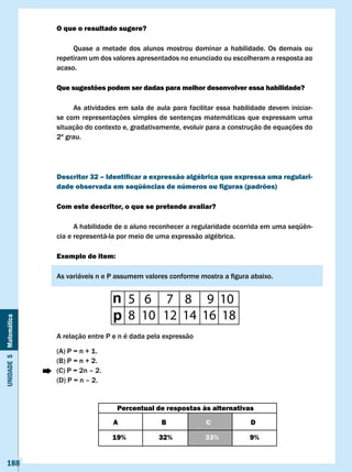 O que o resultado sugere?

                            Quase a metade dos alunos mostrou dominar a habilidade. Os demais ou
                       repetiram um dos valores apresentados no enunciado ou escolheram a resposta ao
                       acaso.

                       Que sugestões podem ser dadas para melhor desenvolver essa habilidade?

                            As atividades em sala de aula para facilitar essa habilidade devem iniciar-
                       se com representações simples de sentenças matemáticas que expressam uma
                       situação do contexto e, gradativamente, evoluir para a construção de equações do
                       2º grau.




                       Descritor 32 – Identificar a expressão algébrica que expressa uma regulari-
                       dade observada em seqüências de números ou figuras (padrões)

                       com este descritor, o que se pretende avaliar?

                       	     A	habilidade	de	o	aluno	reconhecer	a	regularidade	ocorrida	em	uma	seqüên-
                       cia e representá-la por meio de uma expressão algébrica.

                       Exemplo de item:

                       As	variáveis	n	e	P	assumem	valores	conforme	mostra	a	figura	abaixo.


                                         n
                                         p
Unidade 5 Matemática




                       A relação entre P e n é dada pela expressão

                       (A) P = n + 1.
                       (B) P = n + 2.
                       (C) P = 2n – 2.
                       (D) P = n – 2.


                                          Percentual de respostas às alternativas
                                         A             B             c             D

                                         19%           32%           33%           9%


   188
 