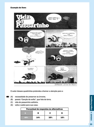 Exemplo de item:




O autor desses quadrinhos pretendeu chamar a atenção para a

(A)    necessidade de preservar as árvores.
                                                                Unidade 4 Língua Portuguesa


(B)	   poesia	“Canção	do	exílio”,	que	fala	da	terra.
(C)    vida de passarinho solitário.
(D)    volta o sabiá para sua casa.

                      Percentual de respostas às alternativas

                  A                B             c         D

                  40%            14%            25%       15%


                                                                35
 