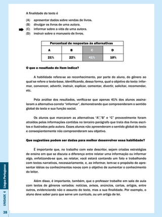 A	finalidade	do	texto	é

                              (A)   apresentar dados sobre vendas de livros.
                              (B)   divulgar os livros de uma autora.
                              (C)   informar sobre a vida de uma autora.
                              (D)   instruir sobre o manuseio de livros.

                                                Percentual de respostas às alternativas

                                               A                B               c               D

                                              21%              22%             41%             10%


                              O que o resultado do item indica?

                              	    A	 habilidade	 refere-se	 ao	 reconhecimento,	 por	 parte	 do	 aluno,	 do	 gênero	 ao	
                              qual	se	refere	o	texto-base,	identificando,	dessa	forma,	qual	o	objetivo	do	texto:	infor-
                              mar, convencer, advertir, instruir, explicar, comentar, divertir, solicitar, recomendar,
                              etc.

                              	    Pela	 análise	 dos	 resultados,	 verifica-se	 que	 apenas	 41%	 dos	 alunos	 assina-	
                              laram	a	alternativa	correta	“informar”,	demonstrando	que	compreenderam	o	sentido	
                              global do texto e sua função social.

                              	     Os	 alunos	 que	 marcaram	 as	 alternativas	 “A”,”B”	 e	 “C”	 provavelmente	 foram	
                              atraídos pelas informações contidas no terceiro parágrafo que trata dos livros escri-
                              tos e ilustrados pela autora. Esses alunos não apreenderam o sentido global do texto
                              e conseqüentemente não compreenderam seu objetivo.

                              Que sugestões podem ser dadas para melhor desenvolver essa habilidade?

                                    É importante que, no trabalho com este descritor, sejam criadas estratégias
                              de ensino em que se discuta a diferença entre relatar uma informação ou informar
                              algo,	 enfatizando-se	 que,	 ao	 relatar,	 você	 estará	 contando	 um	 fato	 e	 trabalhando	
                              com textos narrativos, necessariamente, e, ao informar, tem-se o propósito de apre-
Unidade 4 Língua Portuguesa




                              sentar idéias ou conhecimentos novos com o objetivo de aumentar o conhecimento
                              do leitor.

                                   Além disso, é importante, também, que o professor trabalhe em sala de aula
                              com	 textos	 de	 gêneros	 variados:	 notícias,	 avisos,	 anúncios,	 cartas,	 artigos,	 entre				
                              outros,	evidenciando	não	o	assunto	do	texto,	mas	a	sua	finalidade.	Por	exemplo,	o	
                              aluno deve saber para que serve um currículo, ou um artigo de lei.




     38
 