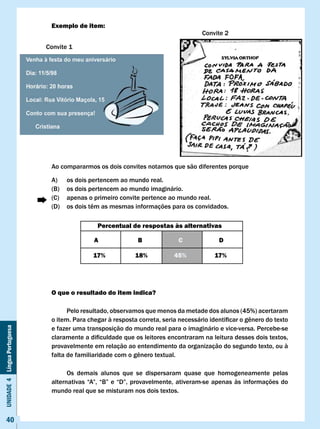 Exemplo de item:
                                                                                        Convite 2

                              Convite 1




                               Ao compararmos os dois convites notamos que são diferentes porque

                               A)     os dois pertencem ao mundo real.
                               (B)    os dois pertencem ao mundo imaginário.
                               (C)    apenas o primeiro convite pertence ao mundo real.
                               (D)	   os	dois	têm	as	mesmas	informações	para	os	convidados.

                                                Percentual de respostas às alternativas

                                               A                B              c              D

                                              17%             18%            45%             17%




                               O que o resultado do item indica?

                                     Pelo resultado, observamos que menos da metade dos alunos (45%) acertaram
                               o	item.	Para	chegar	à	resposta	correta,	seria	necessário	identificar	o	gênero	do	texto	
                               e fazer uma transposição do mundo real para o imaginário e vice-versa. Percebe-se
Unidade 4 Língua Portuguesa




                               claramente	a	dificuldade	que	os	leitores	encontraram	na	leitura	desses	dois	textos,	
                               provavelmente em relação ao entendimento da organização do segundo texto, ou à
                               falta	de	familiaridade	com	o	gênero	textual.

                                     Os demais alunos que se dispersaram quase que homogeneamente pelas
                               alternativas	 “A”,	 “B”	 e	 “D”,	 provavelmente,	 ativeram-se	 apenas	 às	 informações	 do	
                               mundo real que se misturam nos dois textos.



     40
 