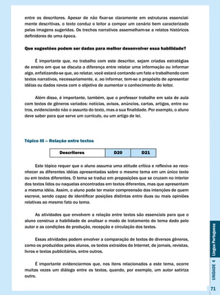 entre	 os	 descritores.	 Apesar	 de	 não	 fixar-se	 claramente	 em	 estruturas	 essencial-
mente descritivas, o texto conduz o leitor a compor um cenário bem caracterizado
pelas imagens sugeridas. Os trechos narrativos assemelham-se a relatos históricos
definidores	de	uma	época.

Que sugestões podem ser dadas para melhor desenvolver essa habilidade?

      É importante que, no trabalho com este descritor, sejam criadas estratégias
de ensino em que se discuta a diferença entre relatar uma informação ou informar
algo,	enfatizando-se	que,	ao	relatar,	você	estará	contando	um	fato	e	trabalhando	com	
textos narrativos, necessariamente, e, ao informar, tem-se o propósito de apresentar
idéias ou dados novos com o objetivo de aumentar o conhecimento do leitor.

      Além disso, é importante, também, que o professor trabalhe em sala de aula
com	textos	de	gêneros	variados:	notícias,	avisos,	anúncios,	cartas,	artigos,	entre	ou-
tros,	evidenciando	não	o	assunto	do	texto,	mas	a	sua	finalidade.	Por	exemplo,	o	aluno	
deve saber para que serve um currículo, ou um artigo de lei.




Tópico III – Relação entre textos

                   Descritores                  D20             D21

	     Este	tópico	requer	que	o	aluno	assuma	uma	atitude	crítica	e	reflexiva	ao	reco-
nhecer as diferentes idéias apresentadas sobre o mesmo tema em um único texto
ou em textos diferentes. O tema se traduz em proposições que se cruzam no interior
dos textos lidos ou naquelas encontradas em textos diferentes, mas que apresentam
a mesma idéia. Assim, o aluno pode ter maior compreensão das intenções de quem
escreve,	sendo	capaz	de	identificar	posições	distintas	entre	duas	ou	mais	opiniões	
relativas ao mesmo fato ou tema.

     As atividades que envolvem a relação entre textos são essenciais para que o
aluno construa a habilidade de analisar o modo de tratamento do tema dado pelo
                                                                                             Unidade 4 Língua Portuguesa

autor e as condições de produção, recepção e circulação dos textos.

	     Essas	atividades	podem	envolver	a	comparação	de	textos	de	diversos	gêneros,	
como os produzidos pelos alunos, os textos extraídos da Internet, de jornais, revistas,
livros e textos publicitários, entre outros.

     É importante evidenciarmos que, nos itens relacionados a este tema, ocorre
muitas vezes um diálogo entre os textos, quando, por exemplo, um autor satiriza
outro.

                                                                                             71
 
