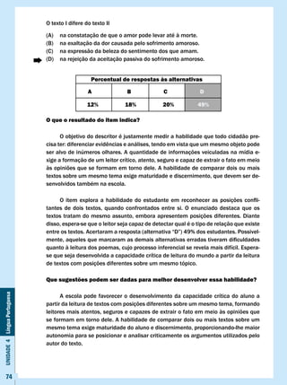 O texto I difere do texto II

                              (A)   na constatação de que o amor pode levar até à morte.
                              (B)   na exaltação da dor causada pelo sofrimento amoroso.
                              (C)   na expressão da beleza do sentimento dos que amam.
                              (D)   na rejeição da aceitação passiva do sofrimento amoroso.


                                                 Percentual de respostas às alternativas

                                                A              B               c              D

                                                12%           18%             20%            49%

                              O que o resultado do item indica?

                                    O objetivo do descritor é justamente medir a habilidade que todo cidadão pre-
                              cisa	ter:	diferenciar	evidências	e	análises,	tendo	em	vista	que	um	mesmo	objeto	pode	
                              ser alvo de inúmeros olhares. A quantidade de informações veiculadas na mídia e-
                              xige a formação de um leitor crítico, atento, seguro e capaz de extrair o fato em meio
                              às opiniões que se formam em torno dele. A habilidade de comparar dois ou mais
                              textos sobre um mesmo tema exige maturidade e discernimento, que devem ser de-
                              senvolvidos também na escola.

                              	    O	 item	 explora	 a	 habilidade	 do	 estudante	 em	 reconhecer	 as	 posições	 confli-
                              tantes de dois textos, quando confrontados entre si. O enunciado destaca que os
                              textos tratam do mesmo assunto, embora apresentem posições diferentes. Diante
                              disso, espera-se que o leitor seja capaz de detectar qual é o tipo de relação que existe
                              entre	os	textos.	Acertaram	a	resposta	(alternativa	“D”)	49%	dos	estudantes.	Possivel-
                              mente,	aqueles	que	marcaram	as	demais	alternativas	erradas	tiveram	dificuldades	
                              quanto à leitura dos poemas, cujo processo inferencial se revela mais difícil. Espera-
                              se que seja desenvolvida a capacidade crítica de leitura do mundo a partir da leitura
                              de textos com posições diferentes sobre um mesmo tópico.

                              Que sugestões podem ser dadas para melhor desenvolver essa habilidade?
Unidade 4 Língua Portuguesa




                                    A escola pode favorecer o desenvolvimento da capacidade crítica do aluno a
                              partir da leitura de textos com posições diferentes sobre um mesmo tema, formando
                              leitores mais atentos, seguros e capazes de extrair o fato em meio às opiniões que
                              se formam em torno dele. A habilidade de comparar dois ou mais textos sobre um
                              mesmo tema exige maturidade do aluno e discernimento, proporcionando-lhe maior
                              autonomia para se posicionar e analisar criticamente os argumentos utilizados pelo
                              autor do texto.




     74
 