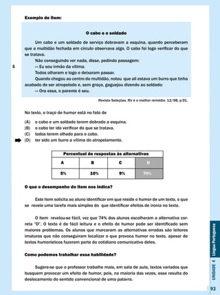 Exemplo de item:


                                        O cabo e o soldado

          Um cabo e um soldado de serviço dobravam a esquina, quando perceberam
    que	a	multidão	fechada	em	círculo	observava	algo.	O	cabo	foi	logo	verificar	do	que	
    se tratava.
    	     Não	conseguindo	ver	nada,	disse,	pedindo	passagem:
5         — Eu sou irmão da vítima.
          Todos olharam e logo o deixaram passar.
          Quando chegou ao centro da multidão, notou que ali estava um burro que tinha
    acabado	de	ser	atropelado	e,	sem	graça,	gaguejou	dizendo	ao	soldado:
          — Ora essa, o parente é seu.

                                                Revista Seleções. Rir é o melhor remédio. 12/98, p.91.


    No texto, o traço de humor está no fato de

    (A)    o cabo e um soldado terem dobrado a esquina.
    (B)	   o	cabo	ter	ido	verificar	do	que	se	tratava.
    (C)    todos terem olhado para o cabo.
    (D)    ter sido um burro a vítima do atropelamento.


                           Percentual de respostas às alternativas
                         A                  B               c                D

                         5%                10%              9%             74%

    O que o desempenho do item nos indica?

    	     Este	item	solicita	ao	aluno	identificar	em	que	reside	o	humor	de	um	texto,	o	que	
    se		revela	uma	tarefa	mais	simples	do		que	identificar	efeitos	de	ironia	no	texto.

           O item revelou-se fácil, vez que 74% dos alunos escolheram a alternativa cor-
    reta	 “D”.	 O	 texto	 é	 de	 fácil	 leitura	 e	 o	 efeito	 de	 humor	 pode	 ser	 identificado	 sem	
                                                                                                          Unidade 4 Língua Portuguesa


    maiores problemas. Os alunos que marcaram as alternativas erradas são leitores
    imaturos que não conseguiram localizar o que provoca humor no texto, apesar de
    textos humorísticos fazerem parte do cotidiano comunicativo deles.

    como podemos trabalhar essa habilidade?

         Sugere-se que o professor trabalhe mais, em sala de aula, textos variados que
    busquem provocar um efeito de humor, pois, na maioria das vezes, esse resulta do
    deslocamento do sentido convencional de uma palavra.

                                                                                                          93
 