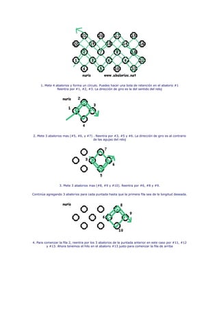 1. Mete 4 abalorios y forma un círculo. Puedes hacer una bola de retención en el abalorio #1
                Reentra por #1, #2, #3. La dirección de giro es la del sentido del reloj




2. Mete 3 abalorios mas (#5, #6, y #7) . Reentra por #3, #5 y #6. La dirección de giro es al contrario
                                       de las agujas del reloj




                  3. Mete 3 abalorios mas (#8, #9 y #10). Reentra por #6, #8 y #9.

Continúa agregando 3 abalorios para cada puntada hasta que la primera fila sea de la longitud deseada.




4. Para comenzar la fila 2, reentra por los 3 abalorios de la puntada anterior en este caso por #11, #12
         y #13. Ahora tenemos el hilo en el abalorio #13 justo para comenzar la fila de arriba
 