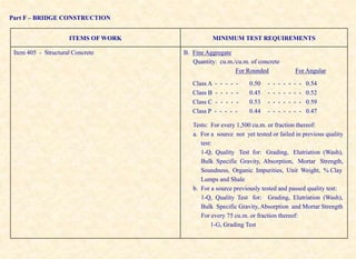 Part F – BRIDGE CONSTRUCTION
B. Fine Aggregate
Quantity: cu.m./cu.m. of concrete
For Rounded For Angular
Tests: For every 1,500 cu.m. or fraction thereof:
a. For a source not yet tested or failed in previous quality
test:
1-Q, Quality Test for: Grading, Elutriation (Wash),
Bulk Specific Gravity, Absorption, Mortar Strength,
Soundness, Organic Impurities, Unit Weight, % Clay
Lumps and Shale
b. For a source previously tested and passed quality test:
1-Q, Quality Test for: Grading, Elutriation (Wash),
Bulk Specific Gravity, Absorption and Mortar Strength
For every 75 cu.m. or fraction thereof:
1-G, Grading Test
Item 405 - Structural Concrete
MINIMUM TEST REQUIREMENTS
ITEMS OF WORK
- - - - - - - 0.59
0.53
Class C - - - - -
- - - - - - - 0.52
0.45
Class B - - - - -
- - - - - - - 0.47
0.44
Class P - - - - -
- - - - - - - 0.54
0.50
Class A - - - - -
 