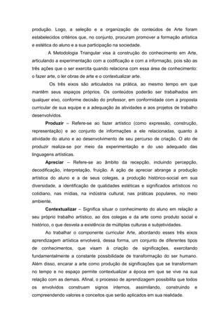 produção. Logo, a seleção e a organização de conteúdos de Arte foram
estabelecidos critérios que, no conjunto, procuram promover a formação artística
e estética do aluno e a sua participação na sociedade.
        A Metodologia Triangular visa à construção do conhecimento em Arte,
articulando a experimentação com a codificação e com a informação, pois são as
três ações que o ser exercita quando relaciona com essa área de conhecimento:
o fazer arte, o ler obras de arte e o contextualizar arte.
         Os três eixos são articulados na prática, ao mesmo tempo em que
mantêm seus espaços próprios. Os conteúdos poderão ser trabalhados em
qualquer eixo, conforme decisão do professor, em conformidade com a proposta
curricular de sua equipe e a adequação às atividades e aos projetos de trabalho
desenvolvidos.
       Produzir – Refere-se ao fazer artístico (como expressão, construção,
representação) e ao conjunto de informações a ele relacionadas, quanto à
atividade do aluno e ao desenvolvimento de seu percurso de criação. O ato de
produzir realiza-se por meio da experimentação e do uso adequado das
linguagens artísticas.
       Apreciar – Refere-se ao âmbito da recepção, incluindo percepção,
decodificação, interpretação, fruição. A ação de apreciar abrange a produção
artística do aluno e a de seus colegas, a produção histórico-social em sua
diversidade, a identificação de qualidades estéticas e significados artísticos no
cotidiano, nas mídias, na indústria cultural, nas práticas populares, no meio
ambiente.
       Contextualizar – Significa situar o conhecimento do aluno em relação a
seu próprio trabalho artístico, ao dos colegas e da arte como produto social e
histórico, o que desvela a existência de múltiplas culturas e subjetividades.
       Ao trabalhar o componente curricular Arte, abordando esses três eixos
aprendizagem artística envolverá, dessa forma, um conjunto de diferentes tipos
de   conhecimentos,      que   visam   à   criação     de    significações,   exercitando
fundamentalmente a constante possibilidade de transformação do ser humano.
Além disso, encarar a arte como produção de significações que se transformam
no tempo e no espaço permite contextualizar a época em que se vive na sua
relação com as demais. Afinal, o processo de aprendizagem possibilita que todos
os   envolvidos    construam     signos    internos,    assimilando,     construindo   e
compreendendo valores e conceitos que serão aplicados em sua realidade.
 