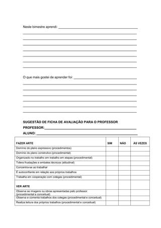 Neste bimestre aprendi: ____________________________________________
     _______________________________________________________________
     _______________________________________________________________
     _______________________________________________________________
     _______________________________________________________________
     _______________________________________________________________
     _______________________________________________________________
     _______________________________________________________________


     O que mais gostei de aprender foi: ___________________________________
     _______________________________________________________________
     _______________________________________________________________
     _______________________________________________________________
     _______________________________________________________________
     _______________________________________________________________
     _______________________________________________________________


     SUGESTÃO DE FICHA DE AVALIAÇÃO PARA O PROFESSOR
     PROFESSOR:___________________________________________________
     ALUNO: ________________________________________________________


FAZER ARTE                                                             SIM   NÃO   ÀS VEZES
Domínio do plano expressivo (procedimentos)
Domínio do plano construtivo (procedimental)
Organizado no trabalho em trabalho em etapas (procedimental)
Tolera frustações e embates técnicos (atitudinal)
Concentra-se ao trabalhar
É autoconfiante em relação aos próprios trabalhos
Trabalha em cooperação com colegas (procedimental)


VER ARTE
Observa as imagens ou obras apresentadas pelo professor
(procedimental e conceitual)
Observa e comenta trabalhos dos colegas (procedimental e conceitual)
Realiza leitura dos próprios trabalhos (procedimental e conceitual)
 