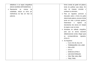 alfabéticos e as regras ortográficas   forma correta de grafar tal palavra,
(NOVO ACORDO ORTOGRÁFICO)              tendo de justificar suas ideias. Em
Representar    as     marcas     de    caso    de     impasse        consultar   o
nasalidade, reduzir os erros por       professor ou dicionário.
interferência da fala em final de      Para    as     regulares      promover    a
palavras.                              discussão sobre a forma de grafar
                                       determinada palavra, provocar dúvida
                                       tendo em vista o principio gerativo;
                                       Sistematizar         e      registrar     as
                                       descobertas dos alunos em relação
                                       às regras e usar os sinais.
                                       Atividades de reflexão ortográfica,
                                       para    que     os       alunos   escrevem
                                       alfabeticamente correto. Eleger quais
                                       as     correspondências           regulares:
                                       (P,B,V,F)
                                       As irregulares:
                                            o C,Ç,S, SS, SC, SÇ e XC
                                            o TERMINAÇÕES: ICE e ISSE
                                            o ESA e EZA
                                            o LH e LI
                                            o SONS DA LETRA X
                                            o USO DOS PORQUES
                                            o TEM, TÊM, VEM, VÊM
                                            o TRAZ, TRÁS
 