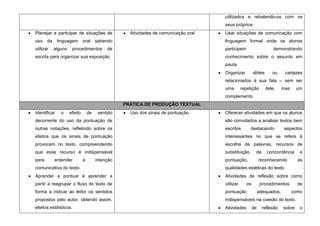 utilizados e rebatendo-os com os
                                                                                     seus próprios.
Planejar e participar de situações de               Atividades de comunicação oral   Usar situações de comunicação com
uso    da     linguagem       oral     sabendo                                       linguagem formal onde os alunos
utilizar    alguns    procedimentos         de                                       participem                     demonstrando
escrita para organizar sua exposição                                                 conhecimento sobre o assunto em
                                                                                     pauta.
                                                                                     Organizar         slides      ou     cartazes
                                                                                     relacionados à sua fala – sem ser
                                                                                     uma        repetição       dele,    mas     um
                                                                                     complemento.
                                                  PRÁTICA DE PRODUÇÃO TEXTUAL
Identificar    o     efeito       de    sentido     Uso dos sinais de pontuação      Oferecer atividades em que os alunos
decorrente do uso da pontuação de                                                    são convidados a analisar textos bem
outras notações, refletindo sobre os                                                 escritos        destacando          aspectos
efeitos que os sinais de pontuação                                                   interessantes no que se refere à
provocam no texto, compreendendo                                                     escolha de palavras, recursos de
que esse recurso é indispensável                                                     substituição,      de      concordância      e
para        entender          a        intenção                                      pontuação,             reconhecendo         as
comunicativa do texto.                                                               qualidades estéticas do texto.
Aprender a pontuar é aprender a                                                      Atividades de reflexão sobre como
partir a reagrupar o fluxo do texto de                                               utilizar     os        procedimentos        de
forma a indicar ao leitor os sentidos                                                pontuação              adequados,         como
propostos pelo autor, obtendo assim,                                                 indispensáveis na coesão do texto.
efeitos estilísticos.                                                                Atividades        de     reflexão   sobre    o
 