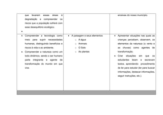 que     levaram    essas       áreas   à                                  erosivas do nosso município.
degradação     e     compreender       os
riscos que a população sofrerá com
esse desequilíbrio ecológico.


Compreender a tecnologia como               A paisagem e seus elementos   Apresentar situações nas quais as
meio    para   suprir       necessidades       o A água                   crianças percebam, observem, os
humanas, distinguindo benefícios e             o Animais                  elementos da natureza (o vento e
riscos à vida e ao ambiente.                   o O Solo                   as   chuvas)     como   agentes   de
Compreender a natureza como um                 o As plantas               transformação.
todo dinâmico, sendo o ser humano                                         Criar   situações      em   que   os
parte   integrante      e    agente    de                                 estudantes     leiam    e   escrevam
transformação do mundo em que                                             textos, aprendendo      procedimento
vive.                                                                     de ler para estudar (ler para buscar
                                                                          informações, destacar informações,
                                                                          seguir instruções, etc.).
 