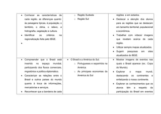 Conhecer      as        características   de      o Região Sudeste               regiões e em estados.
cada região, as diferenças quanto:                o Região Sul                   Destacar a atenção dos alunos
às paisagens típicas, à população, o                                             para as regiões que se destacam
território, o clima, o relevo, a                                                 em tamanho territorial, populacional
hidrografia, vegetação e cultura.                                                e econômica.
Identificar        os       critérios     na                                     Trabalhar com vídeos/ imagens
regionalização feita pelo IBGE.                                                  que   revelam     acerca         de    cada
                                                                                 região.
                                                                                 Utilizar sempre mapas atualizados.
                                                                                 Sugerir    pesquisas             em    sites
                                                                                 atualizados do IBGE.
Compreender que o Brasil está                  O Brasil e a América do Sul.      Mostrar imagens de eventos nas
inserido      no        espaço     mundial,       o Portugueses e espanhóis na   quais o Brasil aparece (ex.: Copa
participando dos fluxos comerciais,                  América                     do Mundo).
migratórios e político-diplomático.               o As principais economias da   Explorar     o            mapa        mundi,
Caracterizar as relações entre o                     América do Sul              destacando       os       continentes     e
Brasil e outros países do mundo                                                  enfatizando o nosso continente.
quanto à troca de informações,                                                   Explorar os conhecimentos que os
mercadorias e serviços.                                                          alunos     têm        a     respeito     da
Reconhecer que a bandeira de cada                                                participação do Brasil em eventos
 