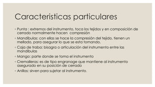 Caracteristicas particulares 
◦ Punta : extremos del instrumento, toca los tejidos y en composición de 
cerrado normalmente hacen compresión 
◦ Mandíbulas: con ellas se hace la compresión del tejido, tienen un 
mellado, para asegurar lo que se esta tomando. 
◦ Caja de traba: bisagra o articulación del instrumento entre las 
mandíbulas 
◦ Mango: parte donde se toma el instrumento 
◦ Cremalleras: es de tipo engranage que mantiene al instrumento 
asegurado en su posición de cerrado 
◦ Anillas: sirven para sujetar al instrumento. 
 