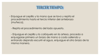◦ Enjuague el cepillo y la mano que se lavo y repita el 
procedimiento hasta el tercio inferior del antebrazo 
(muñeca). 
- Repita el procedimiento del lado opuesto. 
- Enjuague el cepillo y lo colóquelo en la artesa, proceda a 
enjuagarse primero un brazo de mano a codo saliendo y 
entrando dejando escurrir el agua, enjuague el otro brazo de la 
misma manera. 
 