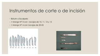 Instrumentos de corte o de incisión 
◦ Bisturin o Escalpelo 
◦ > Mango N° 3 con navajas de 10, 11, 12 y 15 
◦ > Mango N° 4 con navajas de 20-25 
 