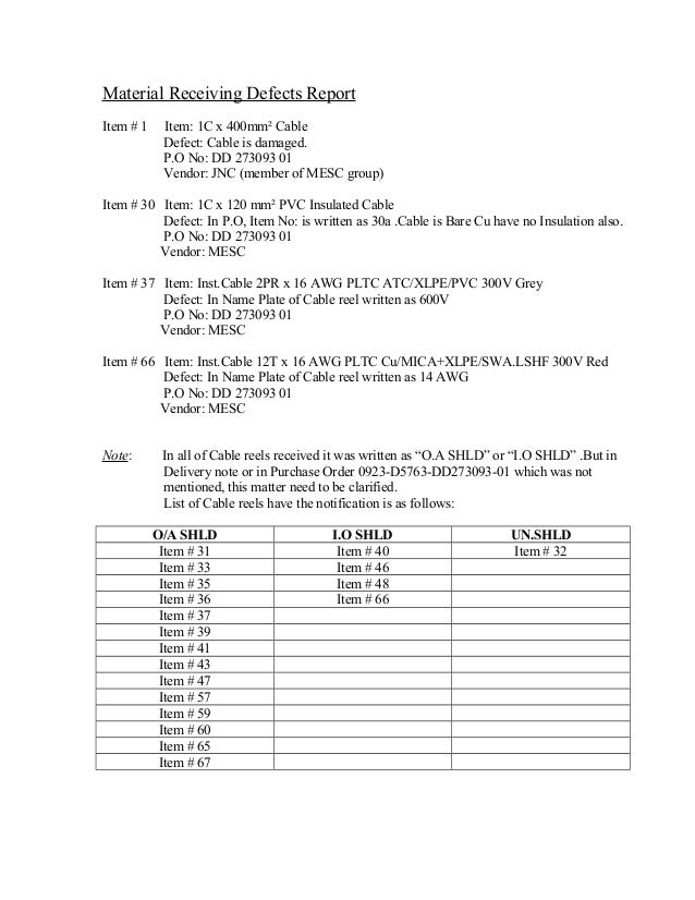 Material receiving defect report