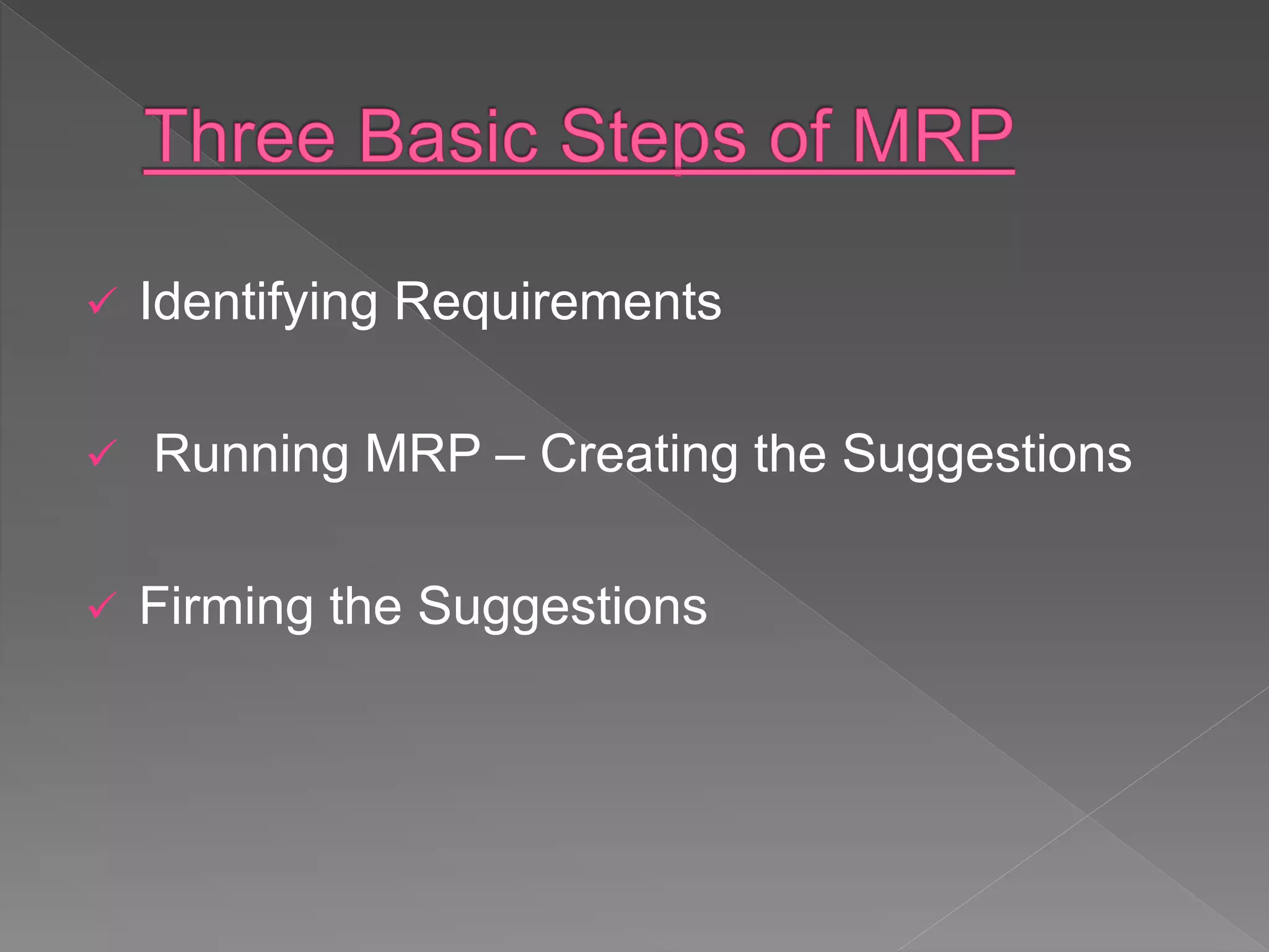  Identifying Requirements
 Running MRP – Creating the Suggestions
 Firming the Suggestions
 