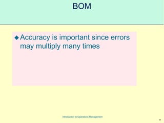 11
Introduction to Operations Management
BOM
Accuracy is important since errors
may multiply many times
 