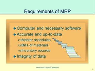 30
Introduction to Operations Management
Requirements of MRP
Computer and necessary software
Accurate and up-to-date
Master schedules
Bills of materials
Inventory records
Integrity of data
 