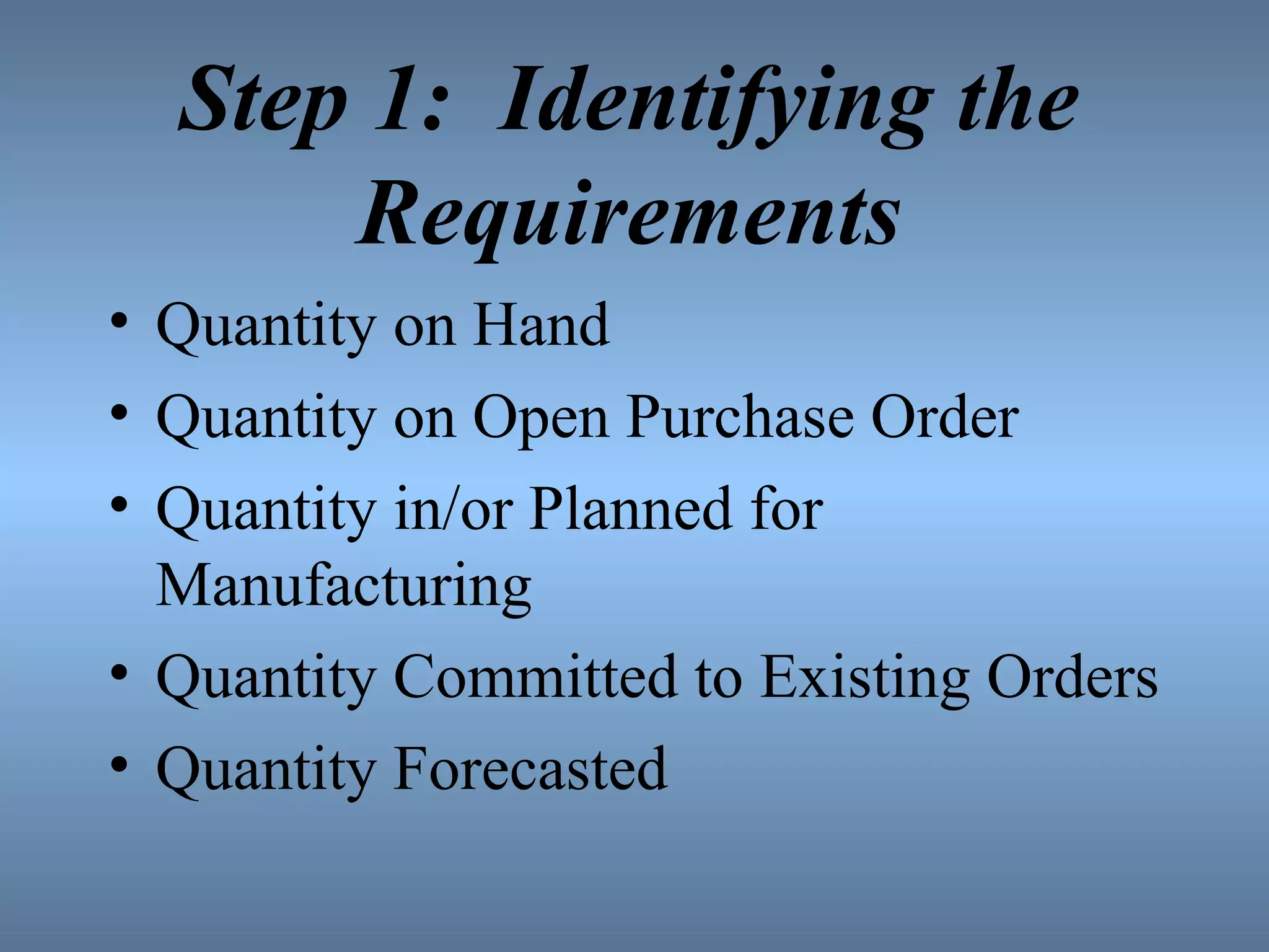 Step 1:  Identifying the Requirements Quantity on Hand Quantity on Open Purchase Order Quantity in/or Planned for Manufacturing Quantity Committed to Existing Orders Quantity Forecasted 