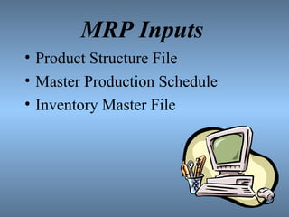 MRP Inputs Product Structure File Master Production Schedule Inventory Master File 