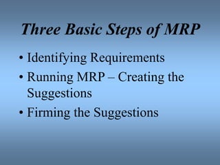 Three Basic Steps of MRP
• Identifying Requirements
• Running MRP – Creating the
Suggestions
• Firming the Suggestions
 