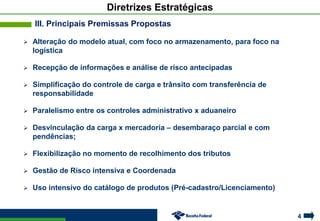 4
Diretrizes Estratégicas
III. Principais Premissas Propostas
 Alteração do modelo atual, com foco no armazenamento, para foco na
logística
 Recepção de informações e análise de risco antecipadas
 Simplificação do controle de carga e trânsito com transferência de
responsabilidade
 Paralelismo entre os controles administrativo x aduaneiro
 Desvinculação da carga x mercadoria – desembaraço parcial e com
pendências;
 Flexibilização no momento de recolhimento dos tributos
 Gestão de Risco intensiva e Coordenada
 Uso intensivo do catálogo de produtos (Pré-cadastro/Licenciamento)
 