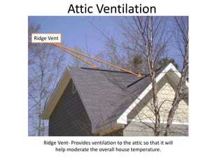 Attic VentilationRidge VentRidge Vent- Provides ventilation to the attic so that it will help moderate the overall house temperature.