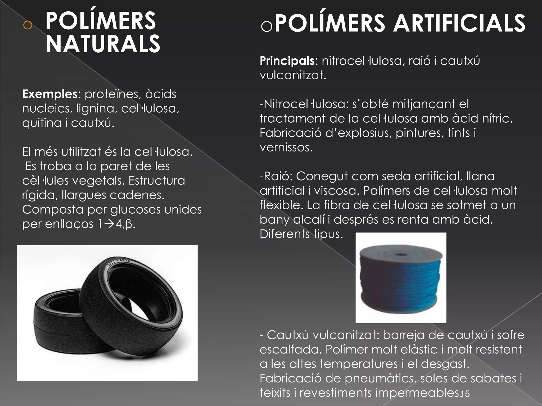 Tipus:-Sorra: Substància que consisteix en grans petits provinents generalment de la disgregació de les roques. -Fang : Mescla pastosa d’argila i d’aigua.-Pedra: Matèria mineral dura i sòlida.-Metàl·lics : Els més utilitzats són el ferro i l’alumini -Orgànics : Fonamentalment la fusta i els seus derivats, encara que també s'utilitzen o s’han utilitzat altres elements orgànics vegetals, com palla, bambú, suro, lli, elements tèxtils o fins i tot pells animals.-Sintètics: Fonamentalment plàstics derivats del petroli, tot i que sovint també es poden sintetitzar. Són molt emprats en la construcció per la seva inalterabilitat, el que al mateix temps els converteix en materials molt poc ecològics per la dificultat a l'hora de reciclar-los.8