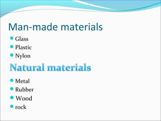 Man-made materials
Glass
Plastic
Nylon
Metal
Rubber
Wood
rock
 