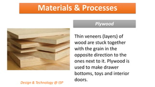 Materials & Processes
Design & Technology @ ISP
Plywood
Thin veneers (layers) of
wood are stuck together
with the grain in the
opposite direction to the
ones next to it. Plywood is
used to make drawer
bottoms, toys and interior
doors.
 