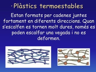 Estan formats per cadenes juntes
fortament en diferents direccions. Quan
s’escalfen es tornen molt dures, només es
poden escalfar una vegada i no es
deformen.
 