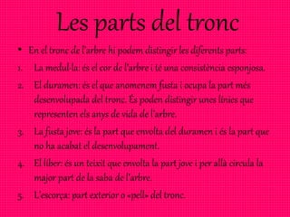 Les parts del tronc
• En el tronc de l’arbre hi podem distingir les diferents parts:
1. La medul·la: és el cor de l’arbre i té una consistència esponjosa.
2. El duramen: és el que anomenem fusta i ocupa la part més
desenvolupada del tronc. És poden distingir unes línies que
representen els anys de vida de l’arbre.
3. La fusta jove: és la part que envolta del duramen i és la part que
no ha acabat el desenvolupament.
4. El líber: és un teixit que envolta la part jove i per allà circula la
major part de la saba de l’arbre.
5. L’escorça: part exterior o «pell» del tronc.
 