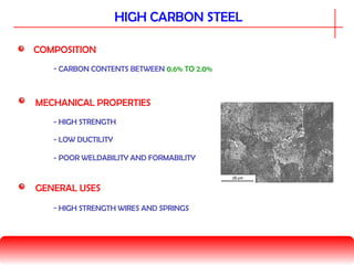 HIGH CARBON STEEL
COMPOSITION
MECHANICAL PROPERTIES
- CARBON CONTENTS BETWEEN 0.6% TO 2.0%
GENERAL USES
- LOW DUCTILITY
- HIGH STRENGTH
- HIGH STRENGTH WIRES AND SPRINGS
- POOR WELDABILITY AND FORMABILITY
 