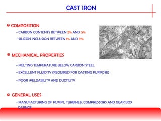 CAST IRON
COMPOSITION
MECHANICAL PROPERTIES
- CARBON CONTENTS BETWEEN 2% AND 5%
GENERAL USES
- MELTING TEMPERATURE BELOW CARBON STEEL
- POOR WELDABILITY AND DUCTILITY
- EXCELLENT FLUIDITY (REQUIRED FOR CASTING PURPOSE)
- SILICON INCLUSION BETWEEN 1% AND 3%
- MANUFACTURING OF PUMPS, TURBINES, COMPRESSORS AND GEAR BOX
CASINGS
 