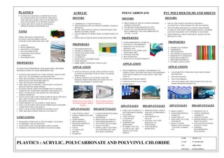 NAME : MONICA. R
CLASS : 6TH SEMESTER
USN : 1BQ12AT032
COLLEGE : B.ARCH, BMSSA.
PLASTICS
 PLASTIC IS A MATERIAL CONSISTING OF ANY
OF A WIDE RANGE OF SYNTHETIC ORGANICS
THAT ARE MALLEABLE AND CAN BE MOLDED
INTO SOLID OBJECTS OF DIVERSE SHAPES.
 THESE ARE THE SYNTHETIC MATERIALS
DERIVED FROM PETROCHEMICALS.
TYPES
THERE ARE MANY FAMILIES OF
PLASTICS AND POLYMERS USED IN
CONSTRUCTION INDUSTRY.THEY ARE
 ACRYLIC
 POLYCARBONATE
 POLYVINYL CHLORIDE
 PVC POLYMER FILMS
 EXPANDED POLYSTRENE
 COMPOSITES
 POLYPROPYLENE
PROPERTIES
PLASTICS HAVE PROPERTIES THAT MAKE IDEAL BUILDING
MATERIALS.SOME OF THESE PROPERTIES ARE :
 PLASTICS ARE STRONG YET LIGHT WEIGHT, AND SO THEY
ARE EASY TO TRANSPORT AND MANOEUVRE.
 THEY ARE DURABLE, KNOCK AND SCRATCH RESISTANT
WITH EXCELLENT WEATHER ABILITY.
 THEY DO NOT ROT OR CORRODE.
 THEY ARE EASY TO INSTALL , MANY HAVE A SNAP-FIT
KIND OF JOINTING PROCEDURES.
 PLASTICS OFFER LIMITLESS POSSIBILITIES IN DESIGN
ACHIEVED BY EXTRUSION, BENDING, MOULDING ETC.,
 THEY CAN BE GIVEN ANY RANGE OF COLOURS BY
ADDING PIGMENTS.
 THE PLASTICS ARE LOW CONDUCTORS OF HEAT AND THUS
ARE USED AS INSULATION MATERIALS IN GREEN
BUILDING CONCEPTS.
 THESE PRODUCTS CAN ACHIEVE TIGHT SEALS.
 THEY CAN BE SAWN AND NAILED EMPLOYING STANDARD
CARPENTRY TOOLS AND SKILLS.
 THEY CAN BE EASILY REMOVED AND RECYCLED.
 THEY ARE BAD CONDUCTORS OF ELECTRICITY.
LIMITATIONS
 DEGRADED UNDER THE ACTION OF DIRECT SUNLIGHT.
 FLAMMABLE UNLESS TREATED.
 UNSUITABLE FOR LOAD-BEARING APPLICATIONS.
 THERMAL EXPANSION FOR MOST PLASTICS IS HIGH.
PLASTICS : ACRYLIC, POLYCARBONATE AND POLYVINYL CHLORIDE
ACRYLIC
HISTORY
 COMMERCIAL NAME PLEXIGLAS.
 DISCOVERED IN 1893, BY FRENCH CHEMIST, CHARLES
MOUREAU.
 BY 2001, MILLIONS OF TONS OF THIS MATERIAL WAS
PRODUCED WORLD WIDE.
 THE OUTBREAK OF WORLD WAR I SLOWED DOWN ITS
USE.
 HOWEVER ITS APPLICATION INCREASED WITH TIME.
PROPERTIES
 WEATHER RESISTANT
 CHEMICAL RESISTANCE
 EXCELLENT INSULATOR
 COMBUSTIBLE
 FLEXIBILITY
 GOOD LIGHT TRANSMITTANCE
 LIGHT WEIGHT
 MORE IMPACT RESISTANT THAN GLASS.
APPLICATION
 ACRYLIC PANLES CAN BE USED AS STRUCTURAL
GLAZING IN ARCHITECTURE AS THEY CAN BEAR
HIGH LOADS.
 ACRYLIC PANELS CAN ALSO BE USED FOR
ROOFING WHICH PROVIDES DAYLIGHT DUE TO
THEIR TRANSPARENT CHARACTER.
Behnisch & Frei Otto Work of
the Munich Olympic Stadium
Rooftop
Work of Sanaa Architects
for pavilion in Barcelona
ADVANATAGES
 EASY INSTALLATION
 EASILY FABRICATED AND
SHAPED
 LIGHT WEIGHT
 HIGH STRENGTH
 WEATHER RESISTANT,
WATER PROOF
 CHEAP
 CLEAR GLASS
 SOFTER
 SEAMLESS
DISADAVNTAGES
 CANNOT WITHSTAND HIGH
TEMPERATURE
 DISTORTION
 HIGH LOAD OF TOXICITY
 NON-BIODEGRADABALE
 NOT EASILY RECYCLABLE
 EASILY STAINED
 POOR CLARITY- BECOMES
YELLOW WITH AGE AND
SUNLIGHT EXPOSURE.
POLYCARBONATE
HISTORY
 DISCOVERED IN 1898, BY ALFRED EINHORN,
GERMAN SCIENTIST.
 THE BRAND NAME MAKROLON (1955).
 AFTER 1970, THE BROWNISH ORIGINAL
POLYCARBONATE TINT WAS IMPROVED TO
“GLASS - CLEAR”.
PROPERTIES
 GOOD DIMENSIONAL STABILITY
 NATURALLY TRANSPARENT
 RESISTANT TO ACIDS AND
MINERAL OILS
 RESIATNT TO ALCOHOL AND
VEGETABLE OILS
 TOUGH IN NATURE
 HEAT RESISTANT
 EXCELLENT COLOUR STABILITY
APPLICATION
 POLYCARBONATE IS HIGHLY TRANSPARENT TO
VISIBLE LIGHT, WITH BETTER LIGHT TRANSMISSION
THAN MANY KINDS OF GLASS, HENCE THEY ARE
USED IN
 DOMELIGHTS OR SKYLIGHTS
 CURVEED AND FLAT GLAZING
 SOUND WALLS.
ADVANTAGES
 VERY EASY TO MOULD
INTO DIFFERENT SHAPES
 NO FADING
 LIGHT WEIGHT’
 ULTRAVIOLET
BLOCKAGE
 TEMPERATURE
RESISTANCE
 FLEXIBILTY OF USE-
CLEAR GLASS- LIKE
TRASLUCENT AND
OPAQUE
DISADVANTAGES
 MANUFACTURE- COSTLY
AND NOT ENVIRONMENT
FRIENDLY
 HAZZARDOUS TO
HEALTH
 DENTING- NOT VERY
RESISTANT TO
SCRATCHING.
 LOW CHEMICAL
RESISTANCE.
PVC POLYMER FILMS AND SHEETS
HISTORY
 ONE OF THE OLDEST SYNTHETIC MATERIAL,
ACCIDENTALLY DISCOVERED ON TWO OCCASIONS.
 THE POLYMER APPEARED AS A WHITE SOLID INSIDE
FLASKA OF THE NEWLY DISCOVERED VINYL CHLORIDE
GAS THAT HAD BEEN LEFT EXPOSED TO SUNLIGHT.
 DISCOVERED BY, FRENCH PHYSICIST, HENRI VICTOR
REGNAULT (1838).
PROPERTIES
 CHEMICALLY STABLE
 AMORPHOUS
 FIRE RESISTANT
 OIL/CHEMICAL RESISTANT
 RESISTANT TO OXIDATION
 HIGH MOULDABILITY
 HIGH PROCESSABILITY
 FLEXIBLE AND ELASTIC
APPLICATIONS
 COLOURED PVC FILMS ARE USED FOR INTERIOS
DECORATION
 BLISTER PACKING
 VACCUM FORMING
 UPVC POLYMERS ARE USED IN MANUFACTURE OF
DOORS, WINDOW FRAMES ETC;
ADVANTAGES
 HIGH CLARITY
 GOOD DIMENSIONAL
STABILITY
 EASILY DIE-CUT
 AVAILABLE IN CLEAR
AND MATTE
 MANY CUSTOM
PRODUCTION OPTIONS
: COLOURS, FINISHES.
ETC;
DISADVANTAGES
 SENSITIVE TO UV
 LIMITED THERMAL
CAPABILITY
 TOXICITY OF PVC
 HIGHER DENSITY THAN
MANY PLASTICS
 ATTACKED BY SEVERAL
SOLVENT TYPES.
 THERMAL
DECOMPOSITION
EVOLVES HCI
 