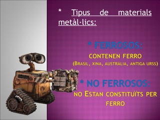 * Tipus de materials
metàl·lics:
 