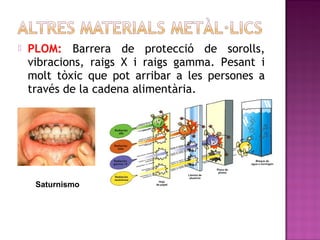  PLOM: Barrera de protecció de sorolls,
vibracions, raigs X i raigs gamma. Pesant i
molt tòxic que pot arribar a les persones a
través de la cadena alimentària.
Saturnismo
 