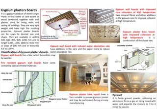 Gypsum plasters boards
It is a gypsum product of recent origin
made of thin layers of card board or
wood cemented together with wall
plaster, used for lining walls and
ceiling of buildings. They are very light
weight and have high fire resisting
properties. Gypsum plaster boards
can be sawn to desired size and
shape. They are available in widths
400, 600, 800, 900, 1200 mm and in
length 1200, 1500, 1800 to 3600 mm
in steps of 100 mm and in thickness
9.5 to 15mm.
Gypsum wall boards has a face which decoration may
be applied.
Gypsum wall board with reduced water absorption rate
have additives in the core and the paper liners to reduce
water absorption rate.
Gypsum wall boards with improved
core cohension at high temperature
have mineral fibres and other additives
in the gypsum core to improve cohesion
at high temperature.
Gypsum plaster base board have a
face suitable to receive gypsum plaster
and may be perforated during primary
manufacturing
Gypsum plaster base board
with improved cohension at
high temperature is a
combination of the above two.
Fire resistant gypsum wall boards have cores
containing special mineral materials.
Pyrocell
It is finely ground powder containing an
admixture, forms a gas on being mixed with
water and expands the mixture to 3 to 4
times its valume.
Classification of Gypsum plasters boards
 