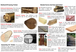 Batten: A piece of sawn timber, the dimensions
of which do not exceed 5 cm either in breadth or
in thickness.
Market Forms And Sizes Of Timber
Quarter Sawing: The quarter method of cutting
requires more labour and involves more wastage.
Tangential Sawing: This method is also
economical due to less wastage and less
labour.
Ordinary Or Slab Sawing: This is the most
economical method as the wastage of
timber and cost of sawing is minimum.
Radial Or Rift Sawing: This is an uneconomical
method as it involves more wastage and labour
cost due to the shifting of the position of a
quarter piece.
Combination
Sawing: The log is
converted by the
combination of two
or three methods.
Log: The stem or trunk of a
tree which is felled and
prepared for conversion.
Plank: A piece of sawn timber with
thickness not exceeding 5 cm and
the width exceeding 5 cm.
Board: A thin plank generally
under 5 cm thick and 10 cm or
more in width.
Pole: A long, solid, straight trunk
of a tree 10 to 30 cm in
diameter at breast height and
tapering gradually to the top, of
a diameter of about 10 cm or
more.
Post: A timber member used is an
upright position in building fencing or
other structural work.
Slat: In pencil manufacture, a sawn
piece of wood about 185mm x
65mm x 6mm in size.
Sleeper: A piece of timber used as
transverse support under rails in
railway lines, usually square saw. Size
most commonly used are 25 cm x
12.5 cm or 20 cm x 11.5 cm in
section.
Strip: A piece of timber used 5 cm
thick and less than 10 cm wide.
Seasoning Or Timber: The process of drying timber or removing
moisture or sap, present in freshly felled timber, under more or less
controlled conditions. A well seasoned piece of wood may contain about
10 to 12 percent moisture. For rough work and for outdoor uses, 15 to 25
percent moisture content is considered enough.
Method Of Sawing Timber
Baulk: A piece of sawn
timber, the cross-
sectional dimensions
of which exceed 5 cm
in one direction and
20 cm in the other
direction.
 