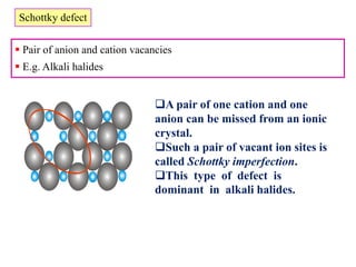 Schottky defect
 Pair of anion and cation vacancies
 E.g. Alkali halides
A pair of one cation and one
anion can be missed from an ionic
crystal.
Such a pair of vacant ion sites is
called Schottky imperfection.
This type of defect is
dominant in alkali halides.
 