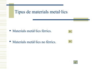 Tipus de materials metal·lics Materials metàl·lics fèrrics. Materials metàl·lics no fèrrics.   