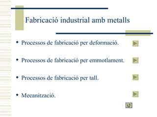 Fabricació industrial amb metalls Processos de fabricació per deformació. Processos de fabricació per emmotlament. Processos de fabricació per tall. Mecanització. 
