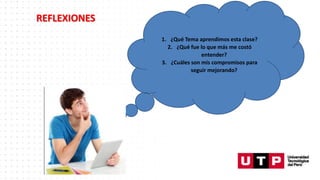 REFLEXIONES
1. ¿Qué Tema aprendimos esta clase?
2. ¿Qué fue lo que más me costó
entender?
3. ¿Cuáles son mis compromisos para
seguir mejorando?
 
