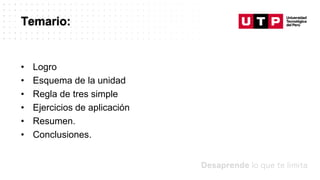 Temario:
• Logro
• Esquema de la unidad
• Regla de tres simple
• Ejercicios de aplicación
• Resumen.
• Conclusiones.
 