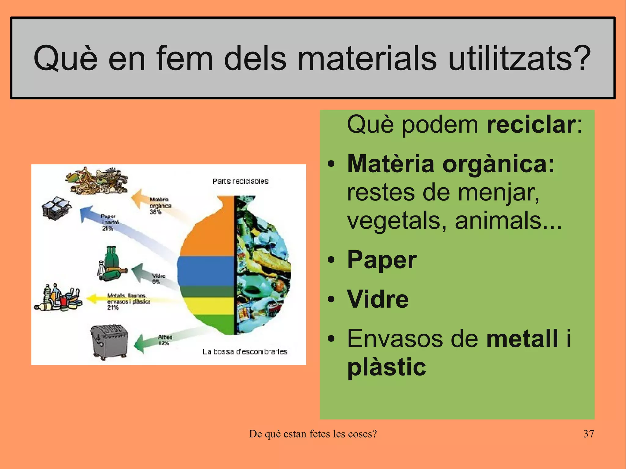 Què en fem dels materials utilitzats?
                                    Què podem reciclar:
                               ●    Matèria orgànica:
                                    restes de menjar,
                                    vegetals, animals...
                               ●    Paper
                               ●    Vidre
                               ●    Envasos de metall i
                                    plàstic

              De què estan fetes les coses?                37
 